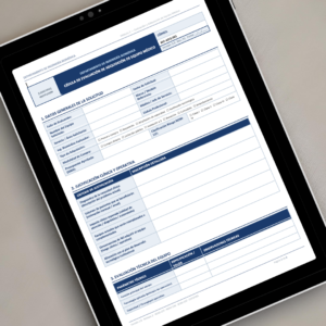 Cédula de Evaluación de Adquisición de Equipo Médico BIO-ADQ-001 mostrada en tablet - Documento profesional editable en Word con secciones de datos generales de solicitud, justificación clínica y operativa, y evaluación técnica del equipo conforme a NOM-137, NOM-240, NOM-197 y COFEPRIS para procesos de adquisición hospitalaria