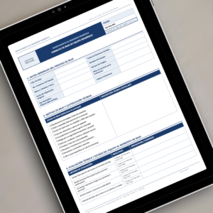 Formato de Baja de Equipo Biomédico BIO-BAJ-004 mostrado en tablet - Plantilla profesional editable en Word con secciones de datos generales, motivo de baja con 11 causales predefinidas y evaluación técnica del estado del equipo según NOM-137 y COFEPRIS