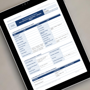 Cédula Individual de Equipo Médico BIO-CEQ-002 mostrada en tablet - Expediente técnico profesional editable en Word con secciones de identificación y datos técnicos, datos de adquisición y garantía, documentación técnica disponible y registros conforme a NOM-137, NOM-240, IEC 60601 y COFEPRIS