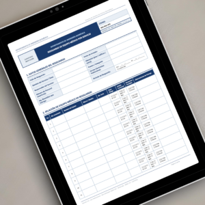 Resguardo de Equipo Médico por Servicio BIO-RSG-005 mostrado en tablet - Plantilla profesional editable en Word para la asignación formal de equipos biomédicos a servicios hospitalarios con tabla de relación expandible y datos del responsable conforme a NOM-137 y COFEPRIS