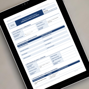 Transferencia Interna de Equipo Médico BIO-TRF-006 mostrada en tablet - Plantilla profesional editable en Word para el movimiento formal de equipos biomédicos entre servicios hospitalarios, con secciones de origen, destino, identificación del equipo y justificación clínica conforme a NOM-137 y COFEPRIS