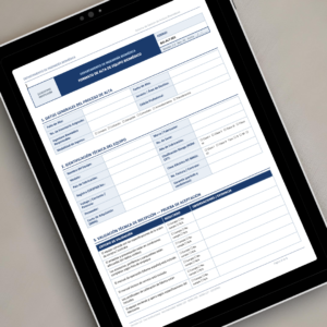 Formato de Alta de Equipo Biomédico BIO-ALT-003 mostrado en tablet - Plantilla profesional editable en Word con secciones de datos generales, identificación técnica y validación de recepción según NOM-137 y COFEPRIS