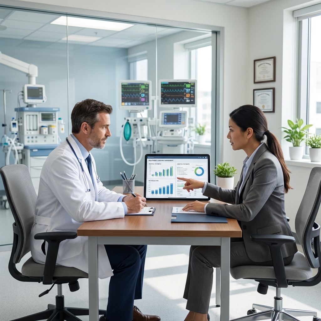Un médico escuchando atentamente a una asesora financiera que señala gráficas de rentabilidad en una laptop, en una oficina de hospital.