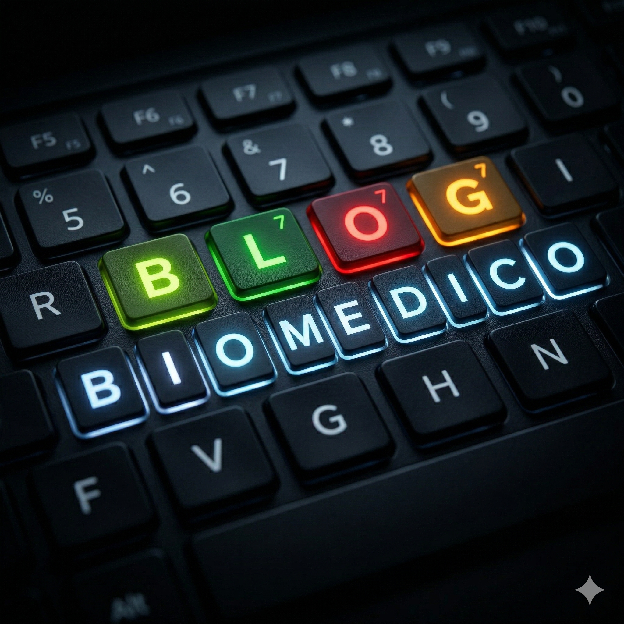 Teclado de computadora con las teclas iluminadas formando las palabras BLOG BIOMÉDICO en colores verde, rojo y azul.