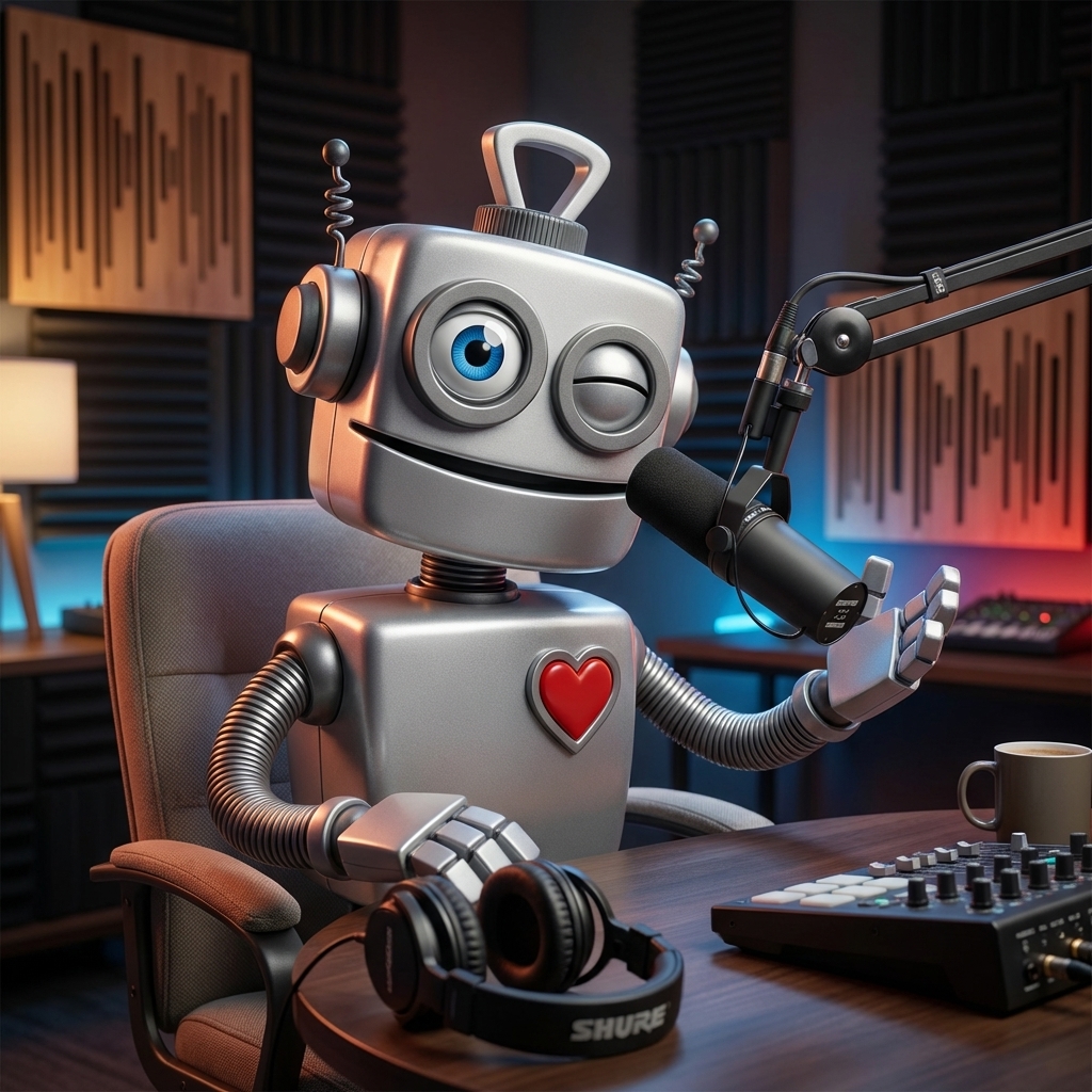 Ilustración de un robot amigable grabando un podcast con micrófono profesional y audífonos en un estudio.