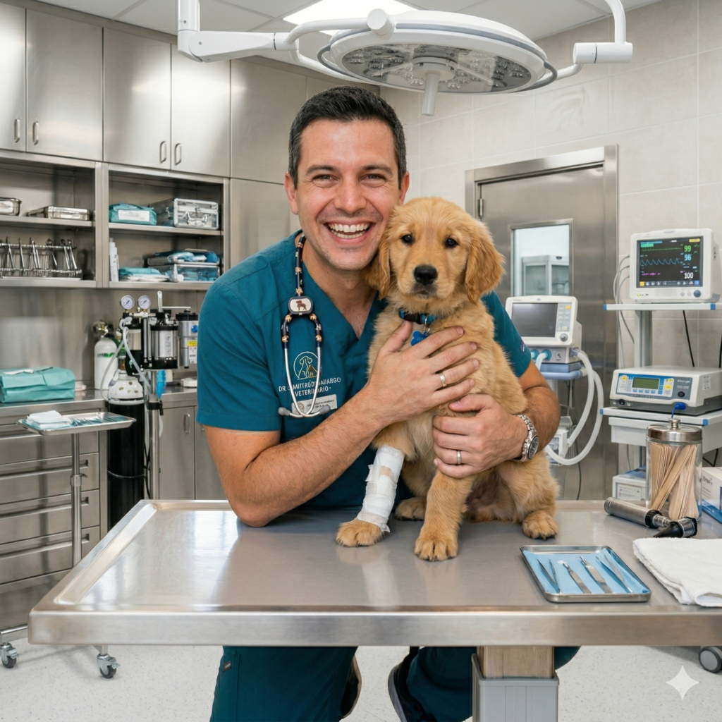 Ingeniero biomédico revisando equipo en quirófano veterinario con un cachorro.