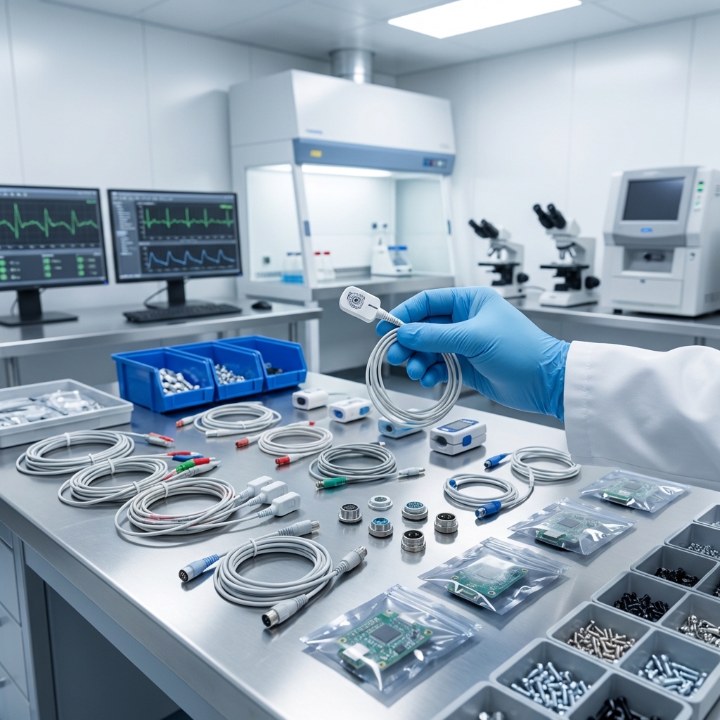 Mano con guante azul sosteniendo un sensor médico sobre mesa de trabajo con cables y componentes electrónicos de repuesto.