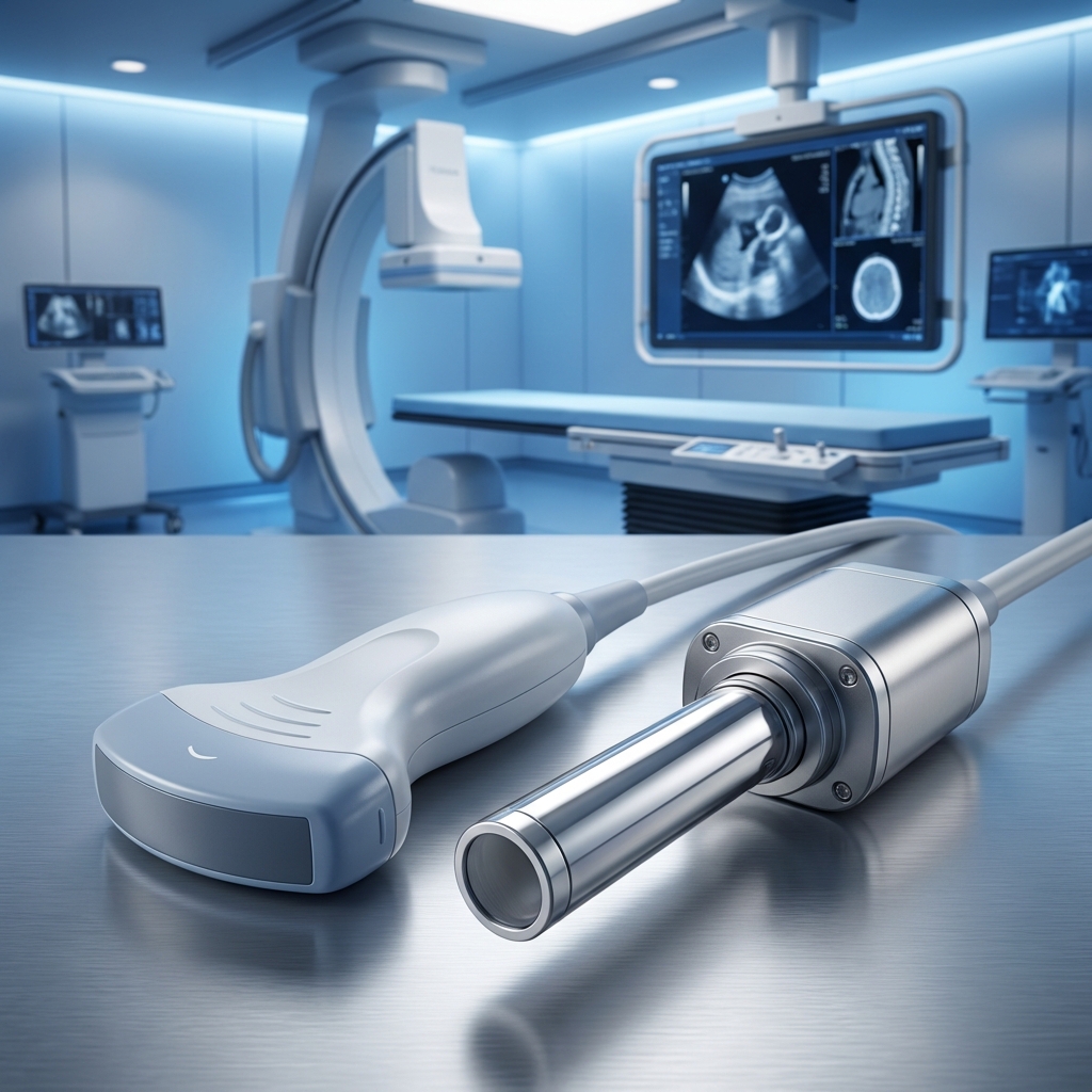 Transductor de ultrasonido y sonda médica de alta precisión sobre mesa metálica con sala de imagenología al fondo.